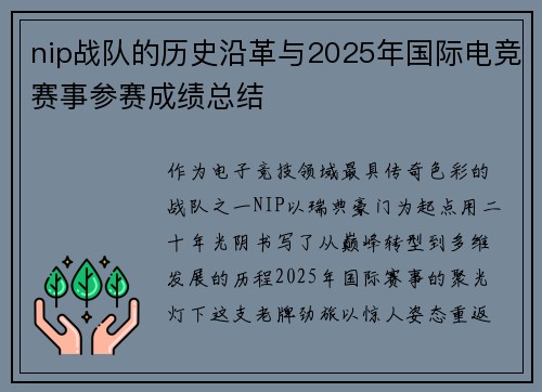 nip战队的历史沿革与2025年国际电竞赛事参赛成绩总结