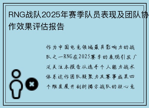 RNG战队2025年赛季队员表现及团队协作效果评估报告